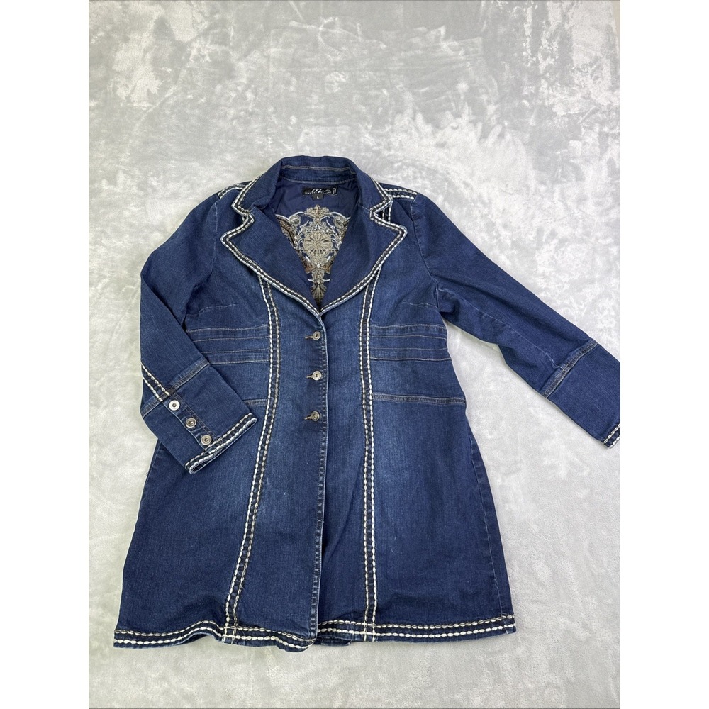 Vintage Y2k Midnight Velvet Embellished Large Rhinestone Long Denim Jacket Blue